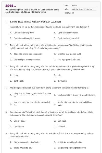Bài tập trắc nghiệm Giữa kì 1 KTPL 11 Cánh diều (có đúng sai, trả lời ngắn) có đáp án - Bài tập tự luyện
