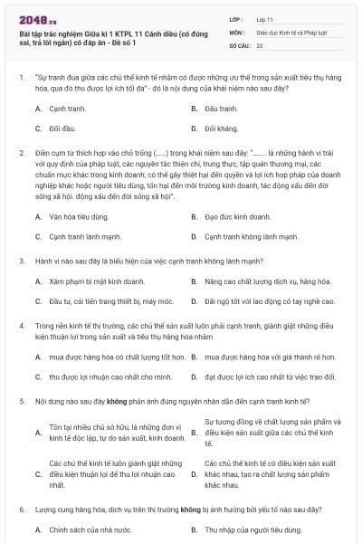 Bài tập trắc nghiệm Giữa kì 1 KTPL 11 Cánh diều (có đúng sai, trả lời ngắn) có đáp án - Đề số 1