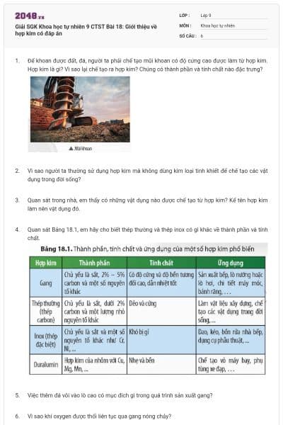 Giải SGK Khoa học tự nhiên 9 CTST Bài 18: Giới thiệu về hợp kim có đáp án