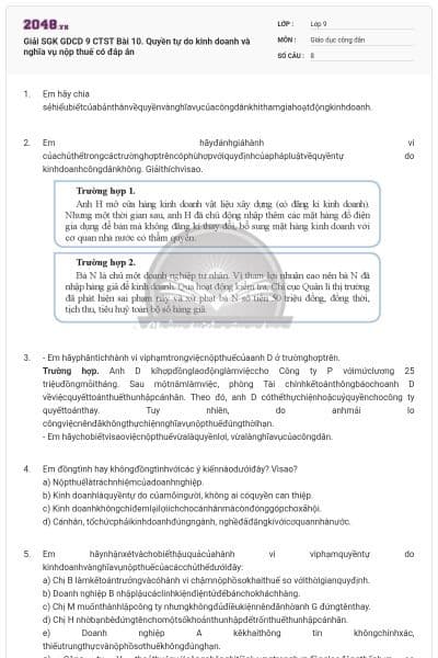 Giải SGK GDCD 9 CTST Bài 10. Quyền tự do kinh doanh và nghĩa vụ nộp thuế có đáp án