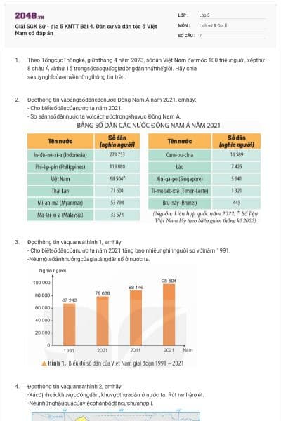 Giải SGK Sử - địa 5 KNTT Bài 4. Dân cư và dân tộc ở Việt Nam có đáp án