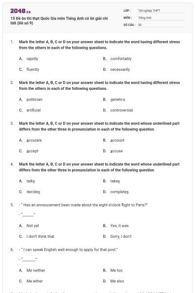 15 Đề ôn thi thpt Quốc Gia môn Tiếng Anh có lời giải chi tiết (Đề số 9)