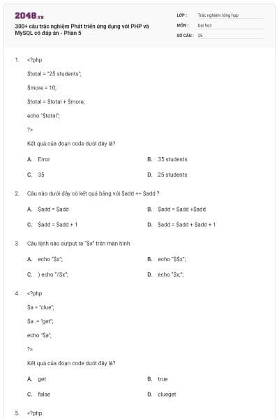 300+ câu trắc nghiệm Phát triển ứng dụng với PHP và MySQL có đáp án - Phần 5