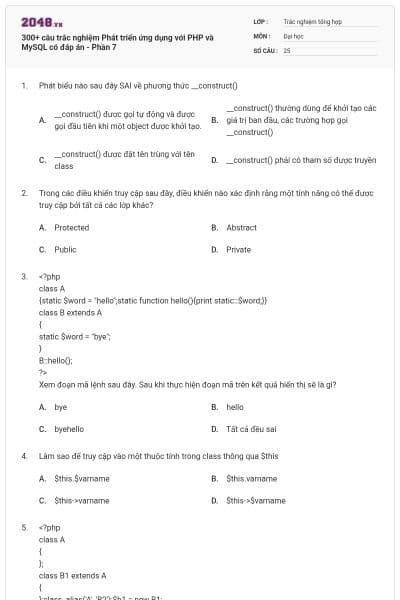 300+ câu trắc nghiệm Phát triển ứng dụng với PHP và MySQL có đáp án - Phần 7