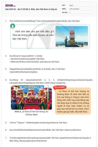 Giải SGK Sử - địa 5 CD Bài 3. Biển, đảo Việt Nam có đáp án