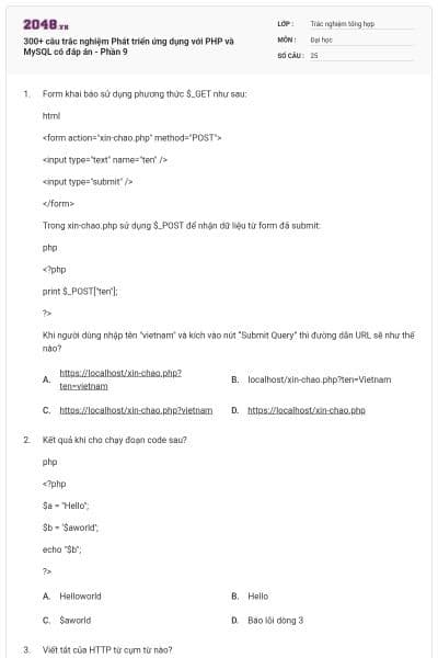 300+ câu trắc nghiệm Phát triển ứng dụng với PHP và MySQL có đáp án - Phần 9