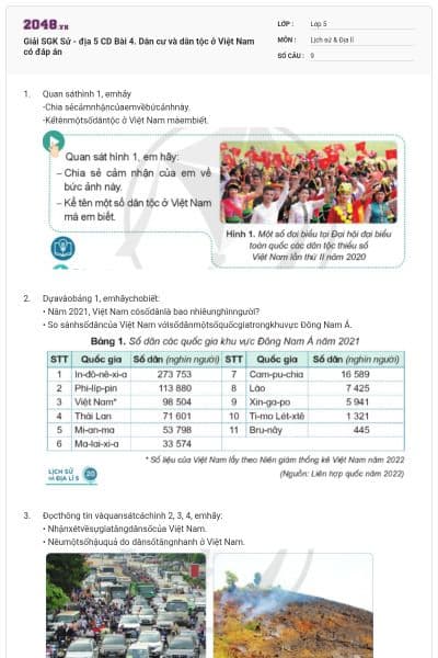 Giải SGK Sử - địa 5 CD Bài 4. Dân cư và dân tộc ở Việt Nam có đáp án