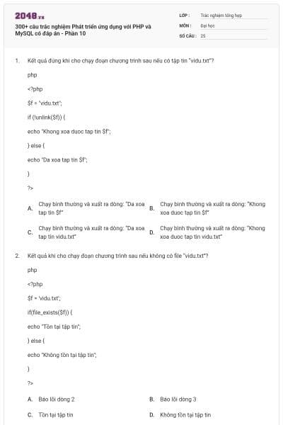 300+ câu trắc nghiệm Phát triển ứng dụng với PHP và MySQL có đáp án - Phần 10