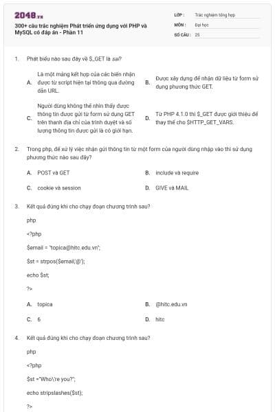 300+ câu trắc nghiệm Phát triển ứng dụng với PHP và MySQL có đáp án - Phần 11
