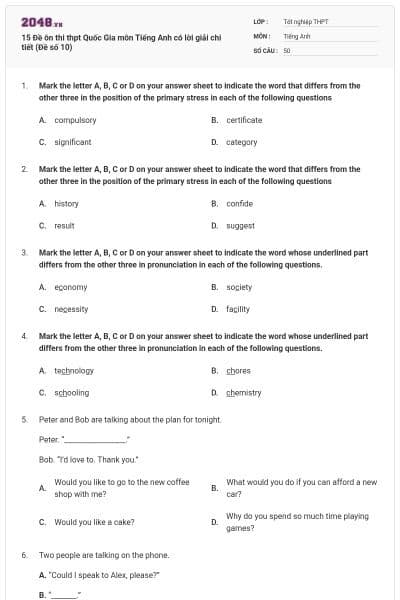 15 Đề ôn thi thpt Quốc Gia môn Tiếng Anh có lời giải chi tiết (Đề số 10)