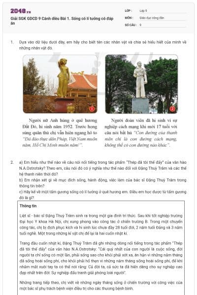 Giải SGK GDCD 9 Cánh diều Bài 1. Sống có lí tưởng có đáp án