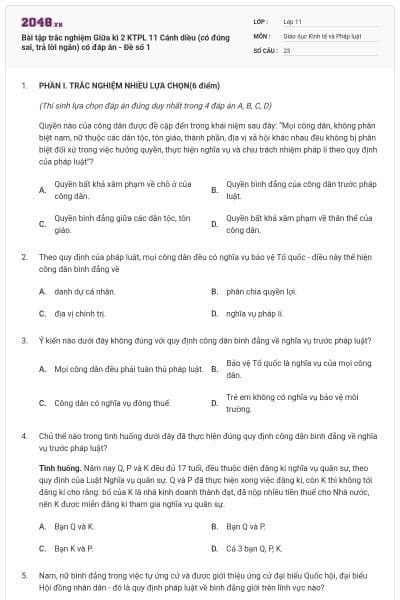 Bài tập trắc nghiệm Giữa kì 2 KTPL 11 Cánh diều (có đúng sai, trả lời ngắn) có đáp án - Đề số 1