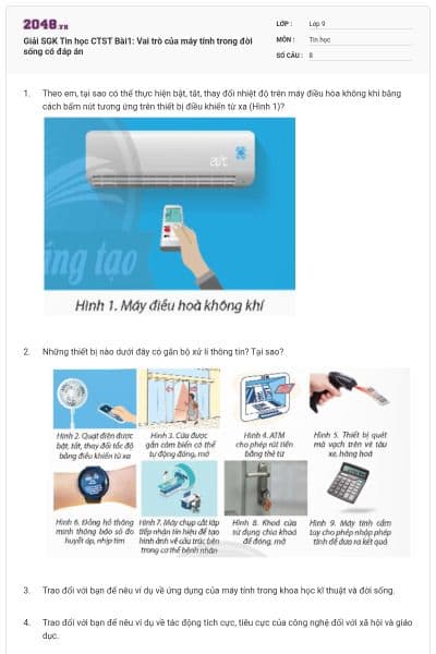 Giải SGK Tin học CTST Bài1: Vai trò của máy tính trong đời sống có đáp án