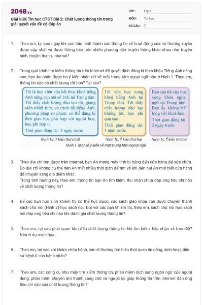 Giải SGK Tin học CTST Bài 2: Chất lượng thông tin trong giải quyết vấn đề có đáp án