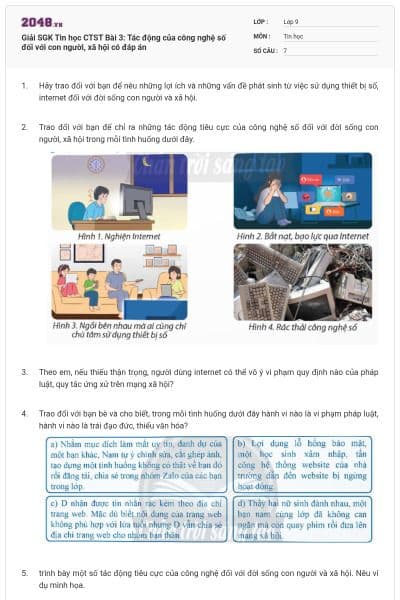 Giải SGK Tin học CTST Bài 3: Tác động của công nghệ số đối với con người, xã hội có đáp án