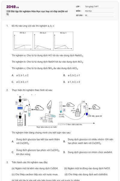 230 Bài tập thí nghiệm Hóa Học cực hay có đáp án(Đề số 5)