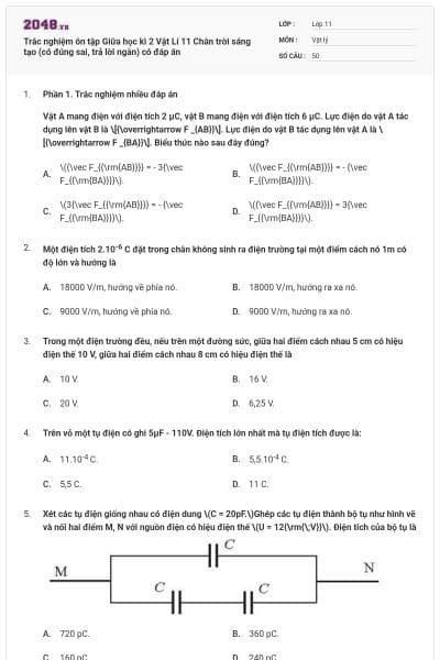 Trắc nghiệm ôn tập Giữa học kì 2 Vật Lí 11 Chân trời sáng tạo (có đúng sai, trả lời ngắn) có đáp án