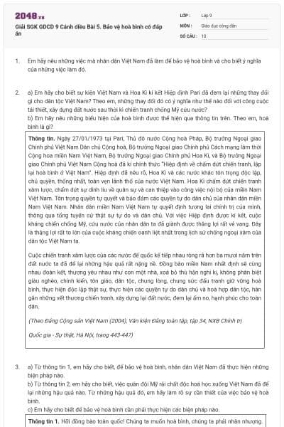 Giải SGK GDCD 9 Cánh diều Bài 5. Bảo vệ hoà bình có đáp án