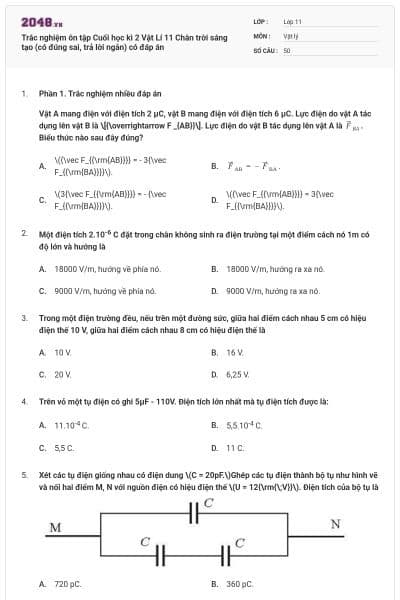Trắc nghiệm ôn tập Cuối học kì 2 Vật Lí 11 Chân trời sáng tạo (có đúng sai, trả lời ngắn) có đáp án