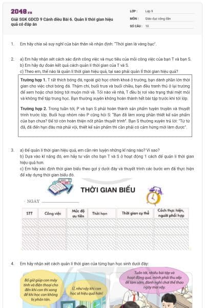 Giải SGK GDCD 9 Cánh diều Bài 6. Quản lí thời gian hiệu quả có đáp án