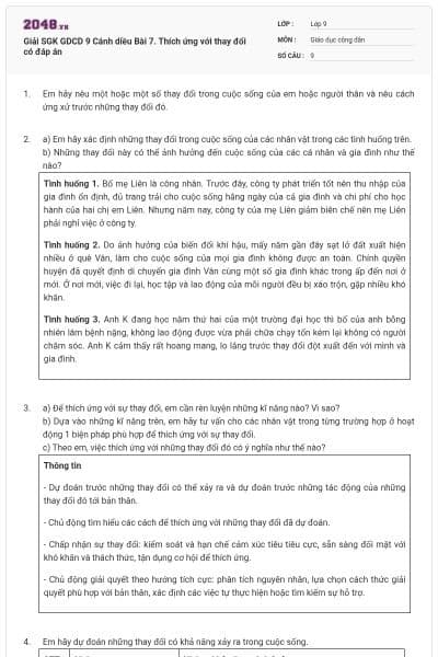 Giải SGK GDCD 9 Cánh diều Bài 7. Thích ứng với thay đổi có đáp án