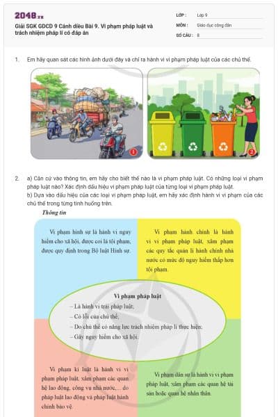 Giải SGK GDCD 9 Cánh diều Bài 9. Vi phạm pháp luật và trách nhiệm pháp lí có đáp án