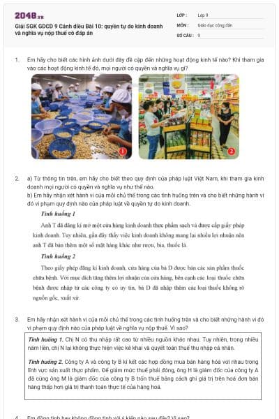 Giải SGK GDCD 9 Cánh diều Bài 10: quyền tự do kinh doanh và nghĩa vụ nộp thuế có đáp án