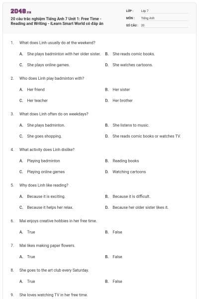 20 câu trắc nghiệm Tiếng Anh 7 Unit 1: Free Time - Reading and Writing - iLearn Smart World có đáp án