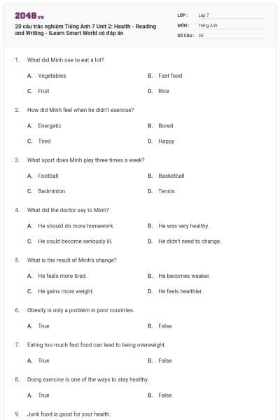 20 câu trắc nghiệm Tiếng Anh 7 Unit 2: Health - Reading and Writing - iLearn Smart World có đáp án