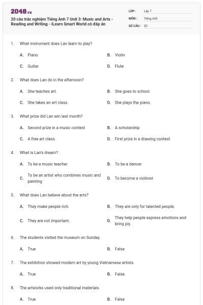 20 câu trắc nghiệm Tiếng Anh 7 Unit 3: Music and Arts - Reading and Writing - iLearn Smart World có đáp án