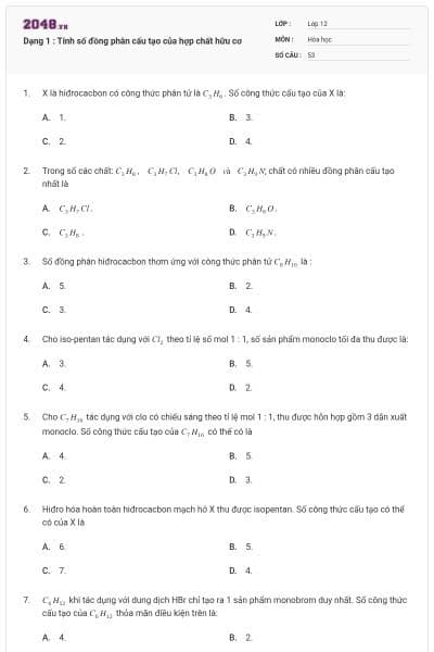 Dạng 1 : Tính số đồng phân cấu tạo của hợp chất hữu cơ
