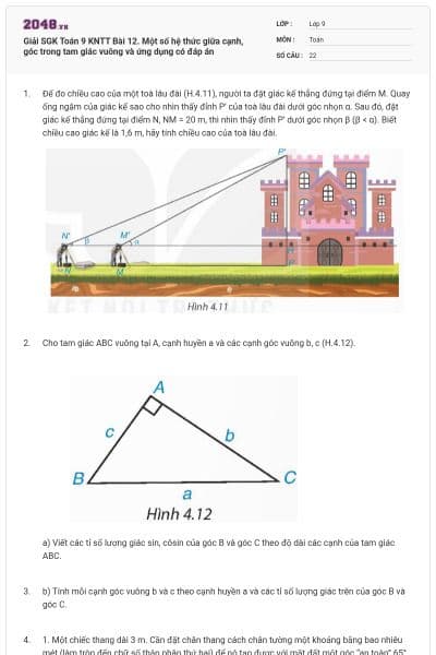 Giải SGK Toán 9 KNTT Bài 12. Một số hệ thức giữa cạnh, góc trong tam giác vuông và ứng dụng có đáp án
