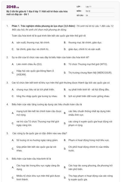 Bộ 3 đề thi giữa kì 1 Địa lí lớp 11 Kết nối tri thức cấu trúc mới có đáp án - Đề 1