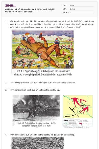 Giải SGK Lịch sử 9 Cánh diều Bài 4: Chiến tranh thế giới thứ hai(1939- 1945) có đáp án