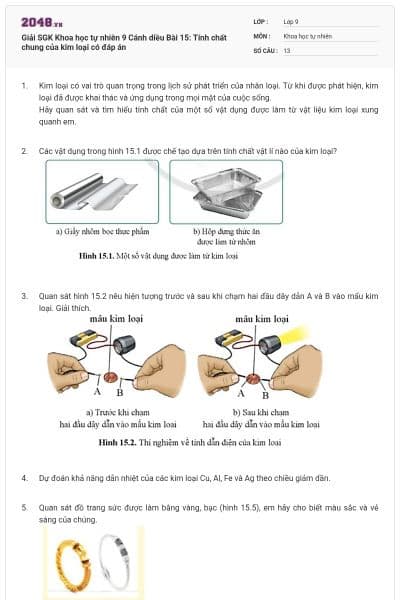 Giải SGK Khoa học tự nhiên 9 Cánh diều Bài 15: Tính chất chung của kim loại có đáp án