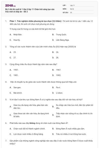 Bộ 3 đề thi cuối kì 1 Địa lí lớp 11 Chân trời sáng tạo cấu trúc mới có đáp án - Đề 2