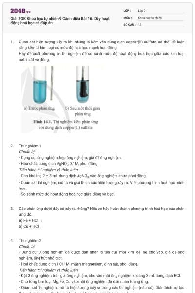 Giải SGK Khoa học tự nhiên 9 Cánh diều Bài 16: Dãy hoạt động hoá học có đáp án