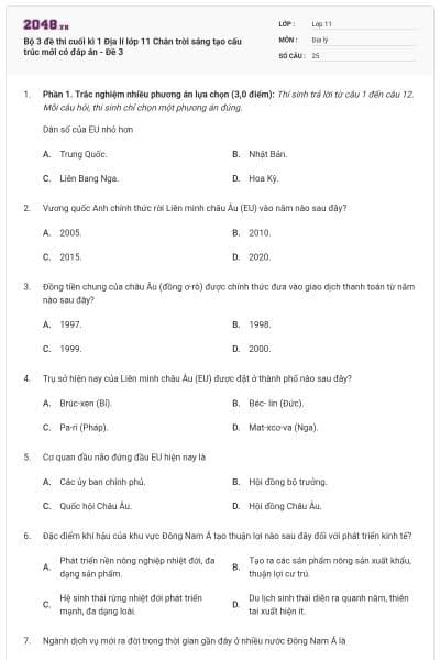 Bộ 3 đề thi cuối kì 1 Địa lí lớp 11 Chân trời sáng tạo cấu trúc mới có đáp án - Đề 3