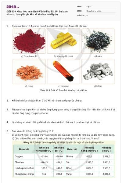 Giải SGK Khoa học tự nhiên 9 Cánh diều Bài 18: Sự khác nhau cơ bản giữa phi kim và kim loại có đáp án