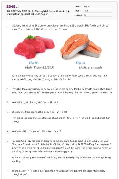 Giải SGK Toán 9 CD Bài 2. Phương trình bậc nhất hai ẩn. Hệ phương trình bậc nhất hai ẩn có đáp án