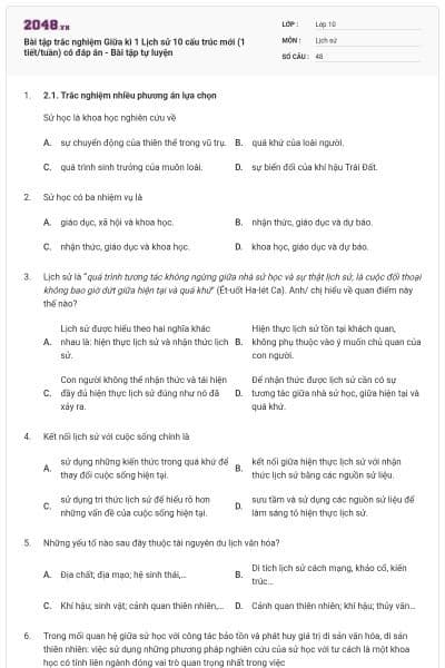 Bài tập trắc nghiệm Giữa kì 1 Lịch sử 10 cấu trúc mới (1 tiết/tuần) có đáp án - Bài tập tự luyện