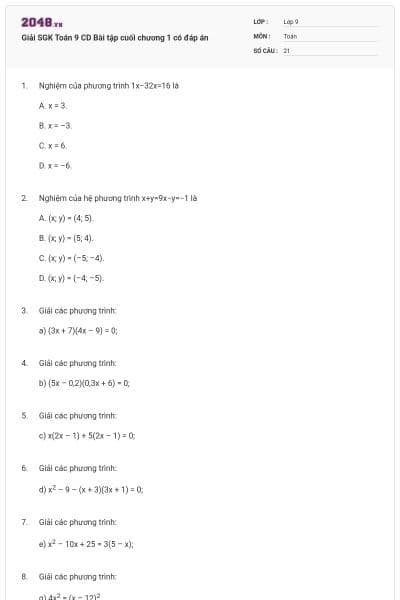 Giải SGK Toán 9 CD Bài tập cuối chương 1 có đáp án