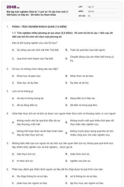 Bài tập trắc nghiệm Giữa kì 1 Lịch sử 10 cấu trúc mới (1 tiết/tuần) có đáp án - Đề kiểm tra tham khảo
