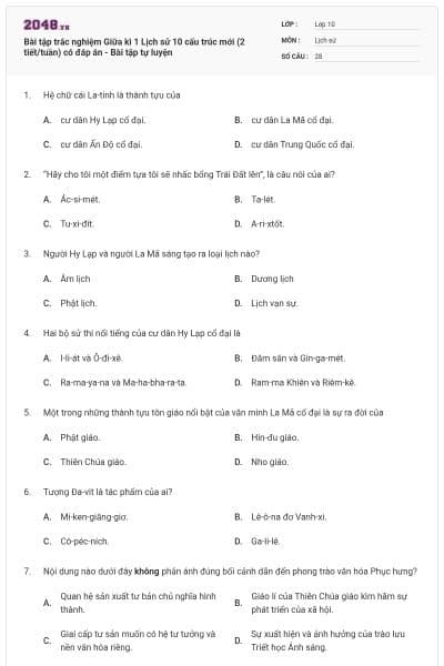 Bài tập trắc nghiệm Giữa kì 1 Lịch sử 10 cấu trúc mới (2 tiết/tuần) có đáp án - Bài tập tự luyện