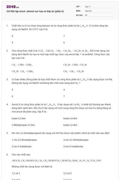 224 Bài tập ancol- phenol cực hay có đáp án (phần 6)