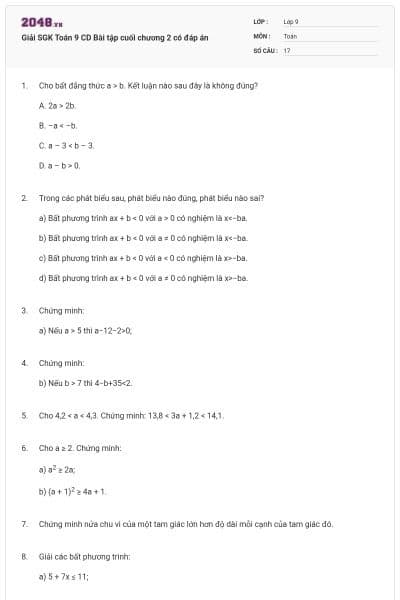 Giải SGK Toán 9 CD Bài tập cuối chương 2 có đáp án
