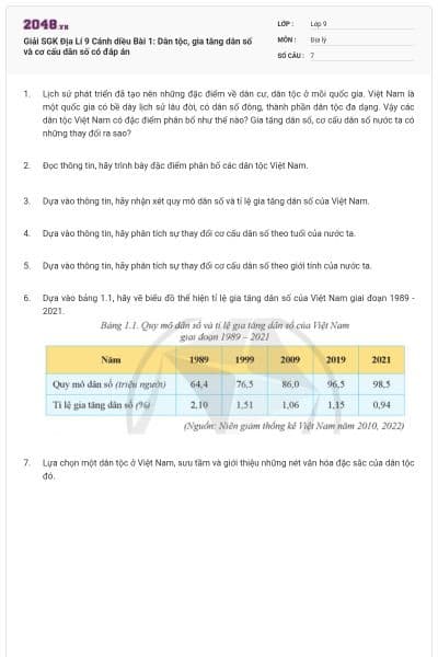 Giải SGK Địa Lí 9 Cánh diều Bài 1: Dân tộc, gia tăng dân số và cơ cấu dân số có đáp án