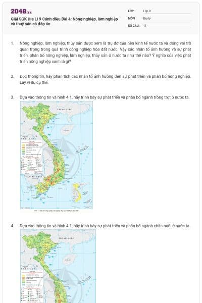 Giải SGK Địa Lí 9 Cánh diều Bài 4: Nông nghiệp, lâm nghiệp và thuỷ sản có đáp án