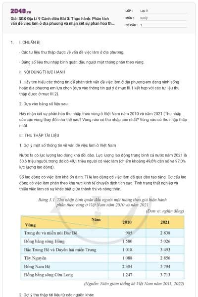 Giải SGK Địa Lí 9 Cánh diều Bài 3: Thực hành: Phân tích vấn đề việc làm ở địa phương và nhận xét sự phân hoá thu nhập theo vùng có đáp án