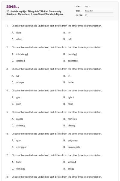 20 câu trắc nghiệm Tiếng Anh 7 Unit 4: Community Services - Phonetics - iLearn Smart World có đáp án